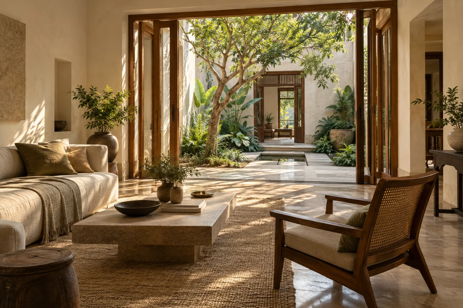Sunlit contemporary Indian home with teak details, warm stone and a green courtyard